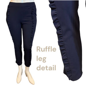 Nina Leonard Navy Ruffle Trim Pull-On Ankle Pants Stretch Elastic Waist, M